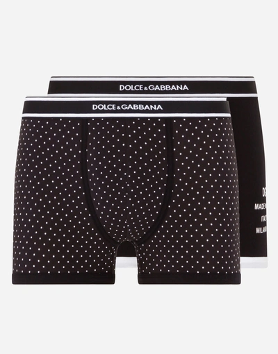 Shop Dolce & Gabbana Solid-color And Polka-dot-print Stretch Cotton Boxers Two-pack In Multicolor