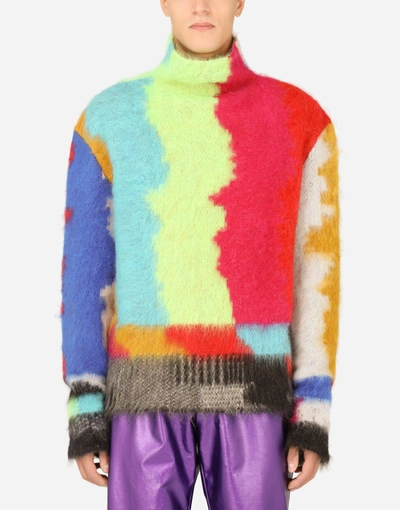 Shop Dolce & Gabbana Mohair Turtle-neck Sweater With Multi-color Glitch Jacquard Design In Multicolor