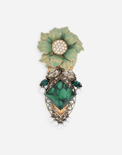 Shop Dolce & Gabbana Brooch With Enameled Flower And Rhinestones In Multicolor