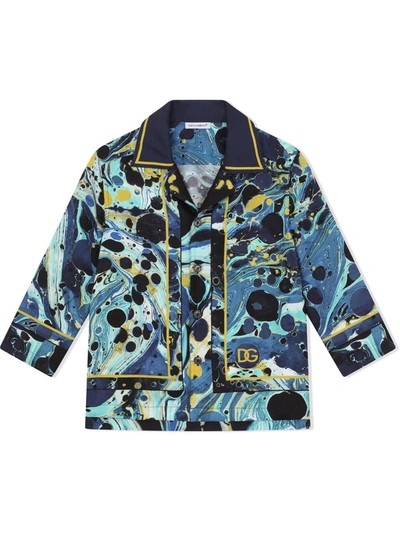 Dolce & Gabbana Boys Teen Blue Silk Marble Shirt In Blue