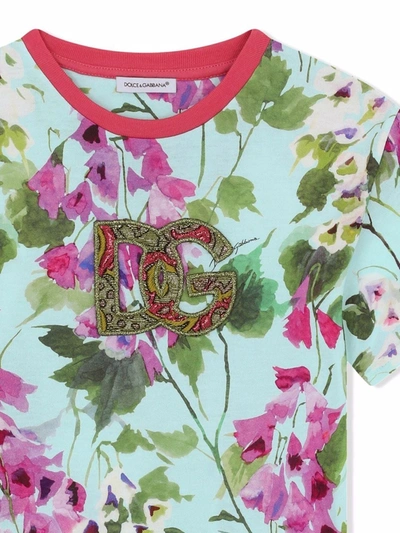 Shop Dolce & Gabbana Appliqué-logo Floral-print T-shirt In Blue