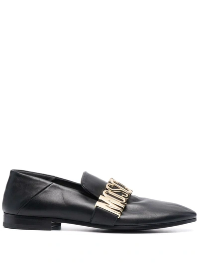 Shop Moschino Logo-plaque Leather Loafers In Black