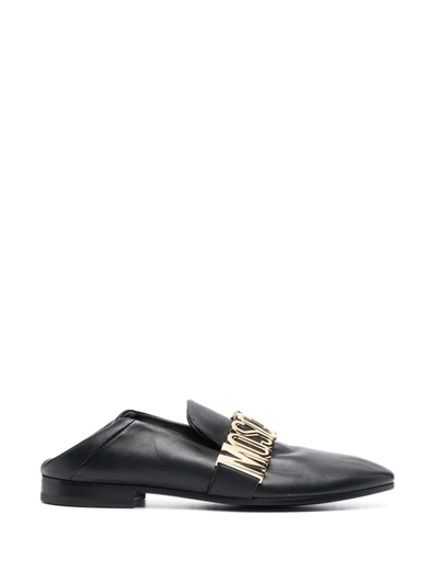 Shop Moschino Logo-plaque Leather Loafers In Black