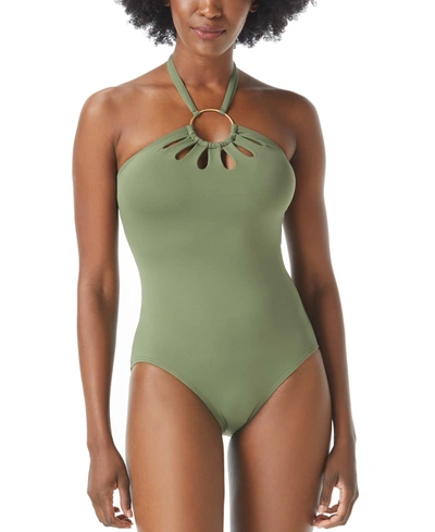 Shop Vince Camuto Ring Cut-out Halter One-piece Swimsuit Women's Swimsuit In Safari Green