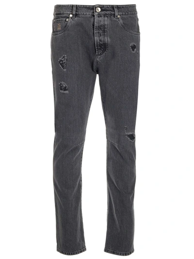 Shop Brunello Cucinelli Logo Patch Straight Leg Jeans In Grey