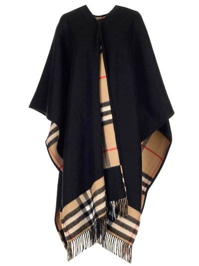 Shop Burberry Check Patterned Fringed Cape In Black