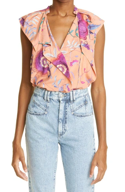 Isabel Marant Rishane Floral Print Ruffle Stretch Silk Blouse In Papaya