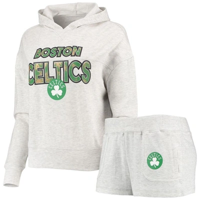 Shop Concepts Sport Cream Boston Celtics Crossfield Long Sleeve Hoodie Top & Shorts Sleep Set In Heather Gray