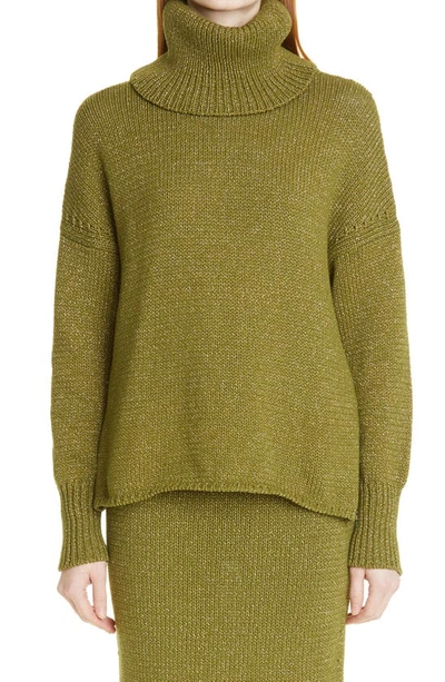 Shop Adam Lippes Metallic High-low Turtleneck Sweater In Army Green