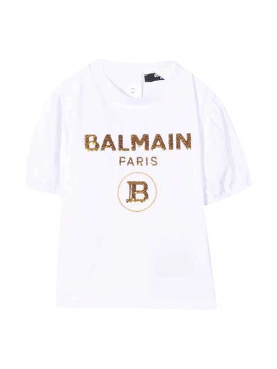 Shop Balmain White T-shirt With Gold Print In Bianco/oro