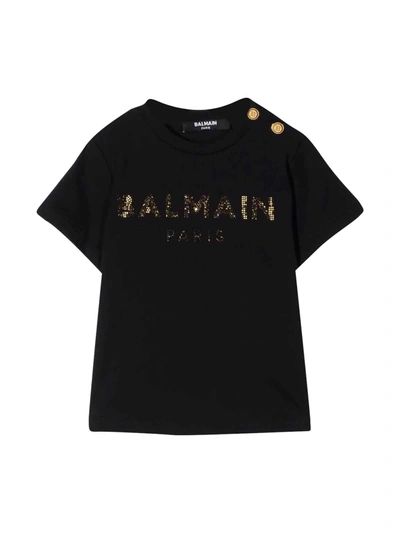 Shop Balmain Black Baby T-shirt With Gold Print In Nero/oro
