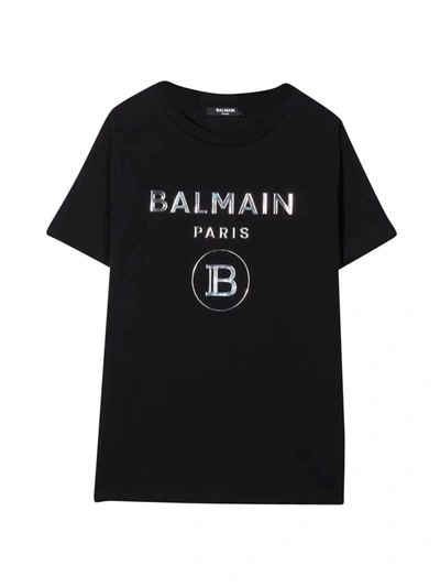 Shop Balmain Black Teen T-shirt With White Print In Nero