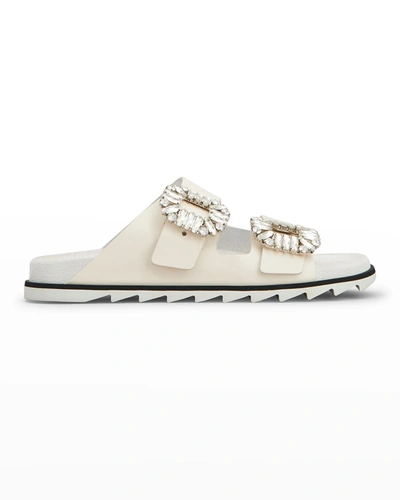 Shop Roger Vivier Viv Calfskin Crystal-buckle Slide Sandals In White