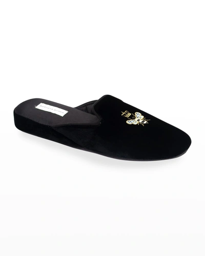 Shop Patricia Green Queen Bee Embroidered Slippers In Black