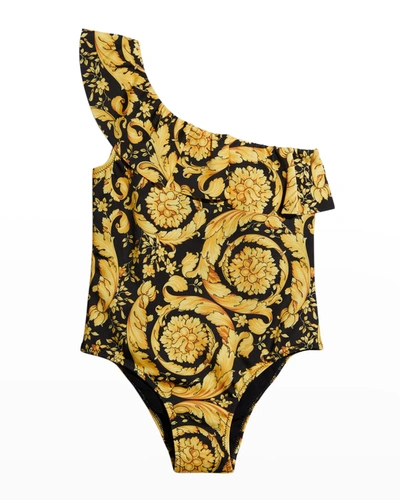 Shop Versace Girl's Barocco One-piece Ruffle Swimsuit In Black Gold