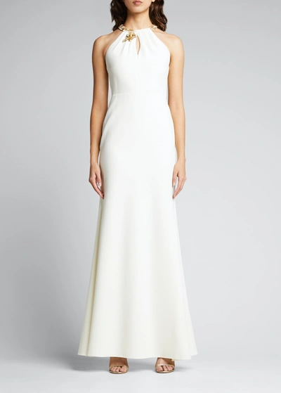 Shop Marchesa Notte Keyhole Halter Gown W/ Beaded Appliques In Ivory