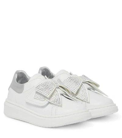 Shop Monnalisa Bow-embellished Leather Sneakers In Panna