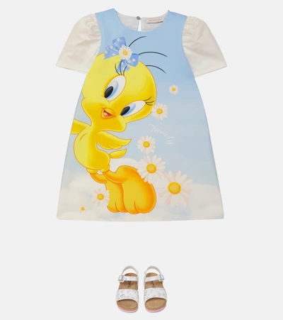 Monnalisa Light Blue Dress With Tweety Bird Print In Panna+celeste