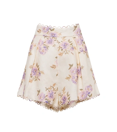 Shop Zimmermann Rosa Floral Pleated Linen Shorts In Lilac Rose