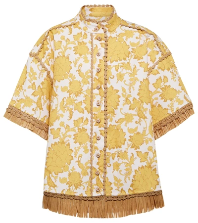 Shop Zimmermann Postcard Fringed Cotton Shirt In Yellow Tonal Floral