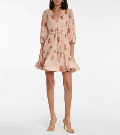 Shop Zimmermann Postcard Floral Pleated Minidress In Blush Floral