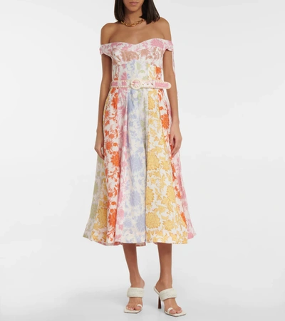 Shop Zimmermann Postcard Printed Linen Midi Dress In Spliced Tonal Floral
