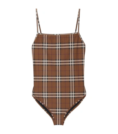 Shop Burberry Check Swimsuit In Brown