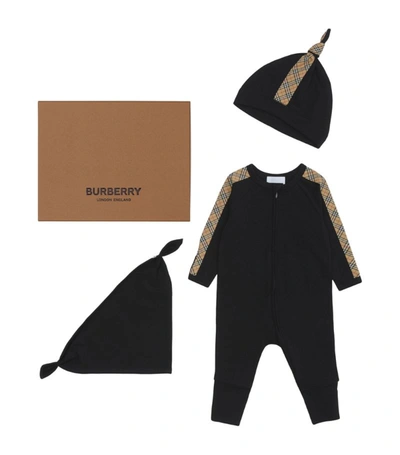 Shop Burberry Kids Cotton Playsuit, Hat And Bib Set (1-18 Months) In Black