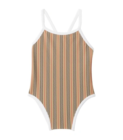 Shop Burberry Icon Stripe Swimsuit (6-24 Months) In Brown