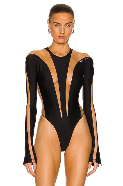 Shop Mugler Sheer Tulle Bodysuit In Black & Nude