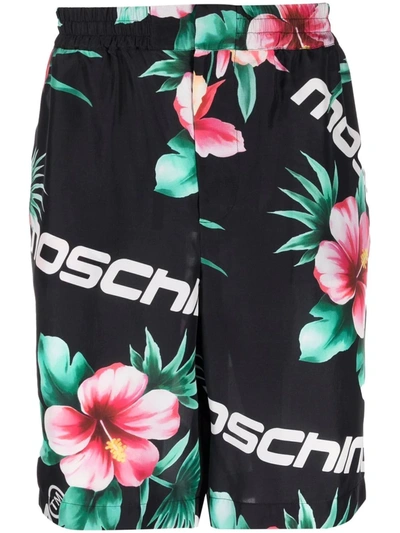 Shop Moschino Floral-print Silk Shorts In Schwarz