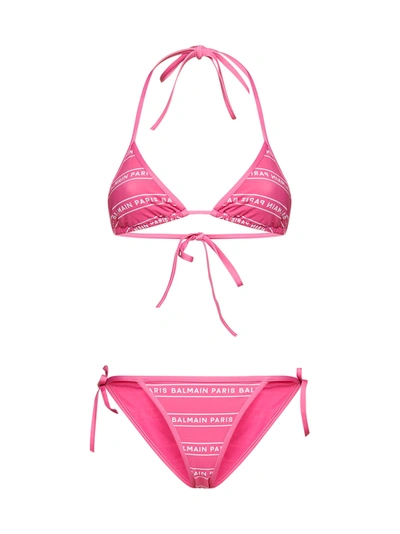 Shop Balmain Logo Printed Strapped Bikini In Pink