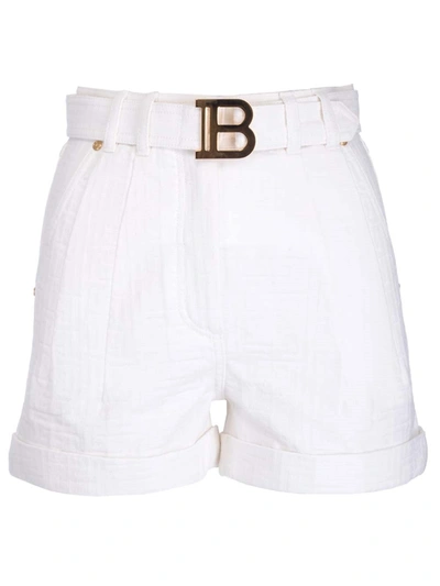 Shop Balmain Monogram Jacquard Belted Shorts In White