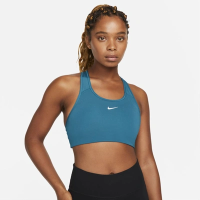 Shop Nike Dri-fit Swoosh Women's Medium-support 1-piece Pad Sports Bra In Marina,white
