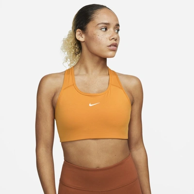Shop Nike Dri-fit Swoosh Women's Medium-support 1-piece Pad Sports Bra In Light Curry,white