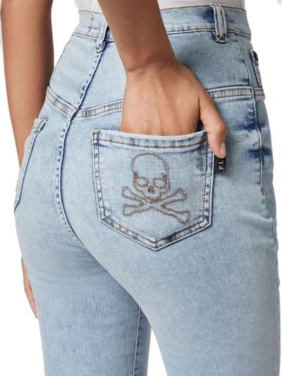 Shop Philipp Plein Skull-embroidered High-waisted Jeans In Blue