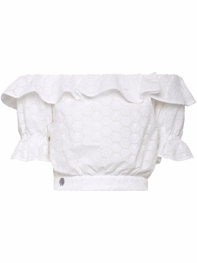 Shop Philipp Plein Off-shoulder Lace Blouse In White