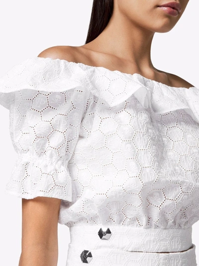 Shop Philipp Plein Off-shoulder Lace Blouse In White