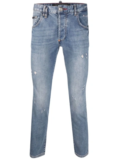 Shop Philipp Plein Distressed Skinny-cut Jeans In Blue