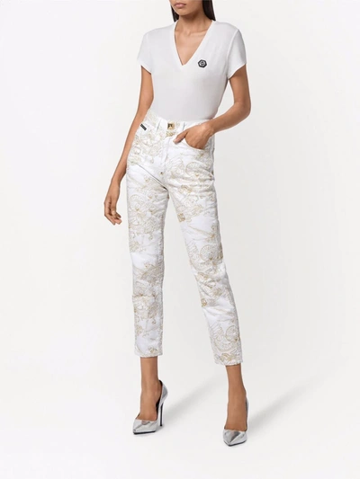 Shop Philipp Plein Skeleton-print Cropped Jeans In White