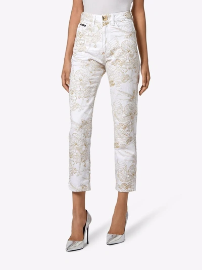 Shop Philipp Plein Skeleton-print Cropped Jeans In White