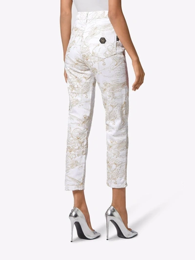 Shop Philipp Plein Skeleton-print Cropped Jeans In White