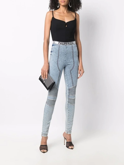 Shop Philipp Plein Logo-waistband Denim Leggings In Blue