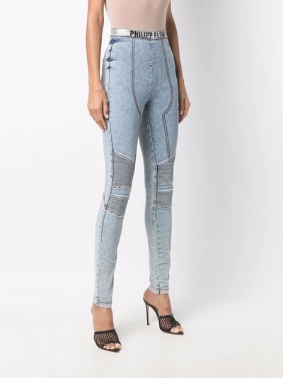 Shop Philipp Plein Logo-waistband Denim Leggings In Blue