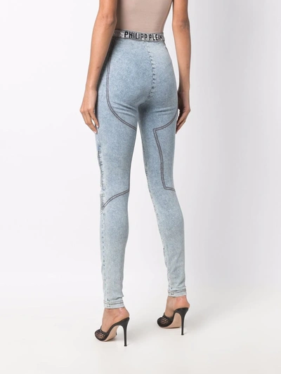 Shop Philipp Plein Logo-waistband Denim Leggings In Blue