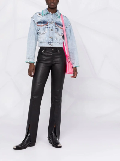 Philipp Plein Crystal-embellished Distressed Denim Jacket In Blue