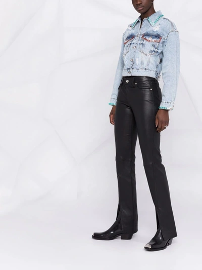 Shop Philipp Plein Crystal-embellished Distressed Denim Jacket In Blue