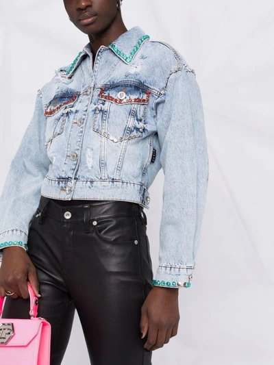 Philipp Plein Crystal-embellished Distressed Denim Jacket In Blue