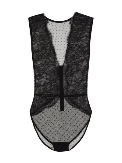 Shop Dolce & Gabbana Plunge-neck Lace Bodysuit In Black
