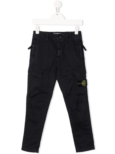 Stone Island Kids Black Cargo Trousers With Logo Patch In Blue